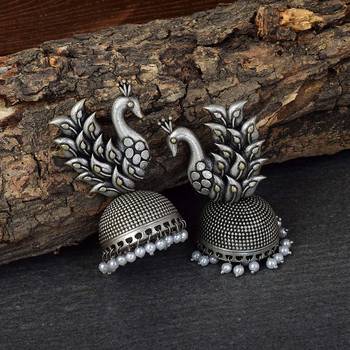 Traditional Oxidized Jhumka With Silver Tone Peacock Earrings 1