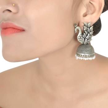 Traditional Oxidized Jhumka With Silver Tone Peacock Earrings 2