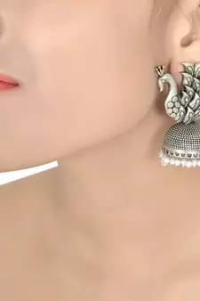 Traditional Oxidized Jhumka With Silver Tone Peacock Earrings
