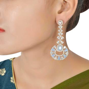 Traditional Diamond Earrings with Aqua Blue Monalisa Stone 3
