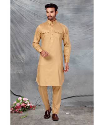 Fine poly and cotton mix Traditional Full Sleeve Chinese Collar Solid Stitched Pathani &  Salwar For Mens 1