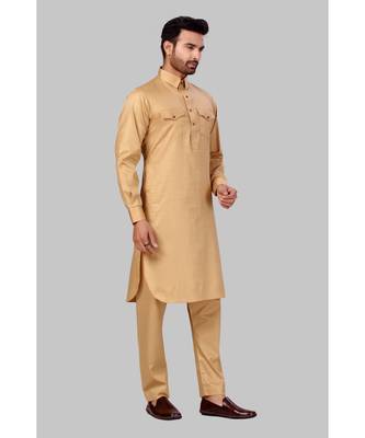 Fine poly and cotton mix Traditional Full Sleeve Chinese Collar Solid Stitched Pathani &  Salwar For Mens 3