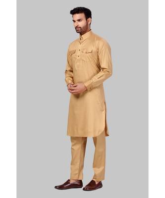 Fine poly and cotton mix Traditional Full Sleeve Chinese Collar Solid Stitched Pathani &  Salwar For Mens 4