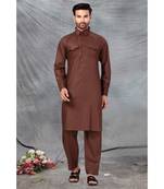 Fine poly and cotton mix Traditional Full Sleeve Chinese Collar Solid Stitched Pathani &  Salwar For Mens