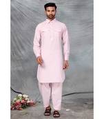 Fine poly and cotton mix Traditional Full Sleeve Chinese Collar Solid Stitched Pathani &  Salwar For Mens
