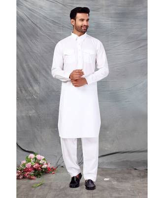 Fine poly and cotton mix Traditional Full Sleeve Chinese Collar Solid Stitched Pathani &  Salwar For Mens 1