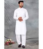 Fine poly and cotton mix Traditional Full Sleeve Chinese Collar Solid Stitched Pathani &  Salwar For Mens