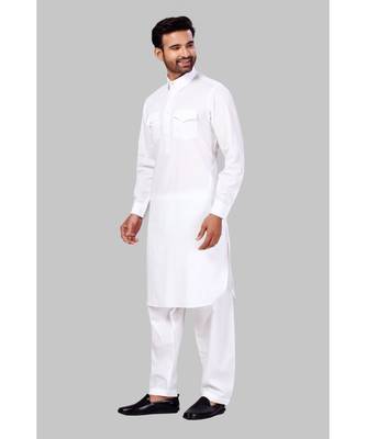 Fine poly and cotton mix Traditional Full Sleeve Chinese Collar Solid Stitched Pathani &  Salwar For Mens 3