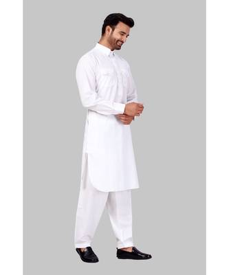 Fine poly and cotton mix Traditional Full Sleeve Chinese Collar Solid Stitched Pathani &  Salwar For Mens 4