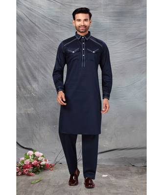 Fine poly and cotton mix Traditional Full Sleeve Chinese Collar Solid Stitched Pathani &  Salwar For Mens 1