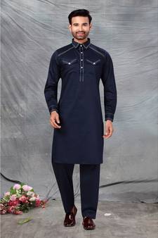 Fine poly and cotton mix Traditional Full Sleeve Chinese Collar Solid Stitched Pathani &  Salwar For Mens