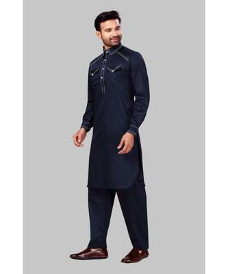 Fine poly and cotton mix Traditional Full Sleeve Chinese Collar Solid Stitched Pathani &  Salwar For Mens 3