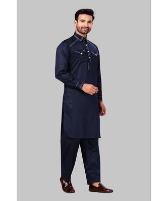 Fine poly and cotton mix Traditional Full Sleeve Chinese Collar Solid Stitched Pathani &  Salwar For Mens 4