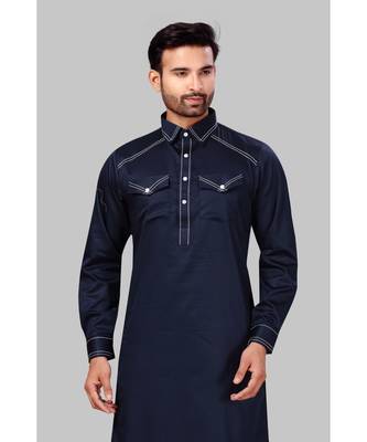Fine poly and cotton mix Traditional Full Sleeve Chinese Collar Solid Stitched Pathani &  Salwar For Mens 5