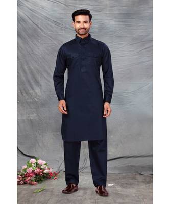 Fine poly and cotton mix Traditional Full Sleeve Chinese Collar Solid Stitched Pathani &  Salwar For Mens 1