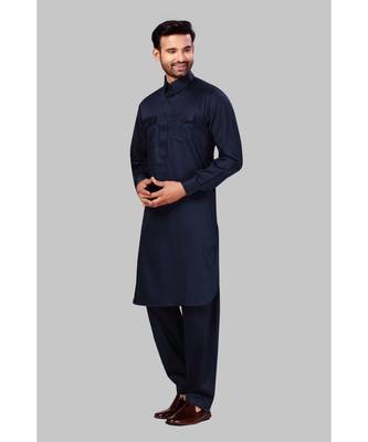 Fine poly and cotton mix Traditional Full Sleeve Chinese Collar Solid Stitched Pathani &  Salwar For Mens 3