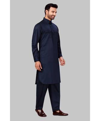 Fine poly and cotton mix Traditional Full Sleeve Chinese Collar Solid Stitched Pathani &  Salwar For Mens 4