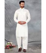 Fine poly and cotton mix Traditional Full Sleeve Chinese Collar Solid Stitched Pathani &  Salwar For Mens