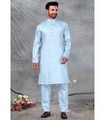 Fine poly and cotton mix Traditional Full Sleeve Chinese Collar Solid Stitched Pathani &  Salwar For Mens