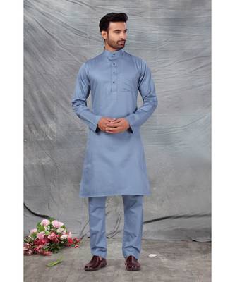 Fine poly and cotton mix Traditional Full Sleeve Chinese Collar Solid Stitched Pathani &  Salwar For Mens 1