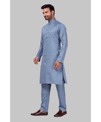 Fine poly and cotton mix Traditional Full Sleeve Chinese Collar Solid Stitched Pathani &  Salwar For Mens 3