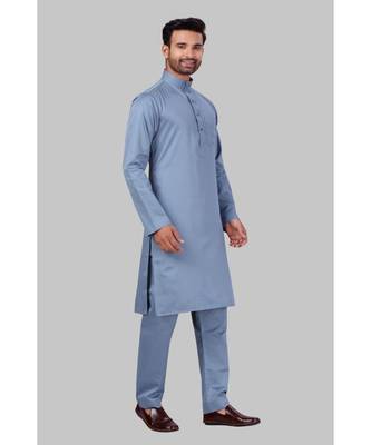 Fine poly and cotton mix Traditional Full Sleeve Chinese Collar Solid Stitched Pathani &  Salwar For Mens 4