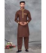 Fine poly and cotton mix Traditional Full Sleeve Chinese Collar Solid Stitched Pathani &  Salwar For Mens