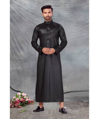 Fine poly and cotton mix Traditional Full Sleeve Chinese Collar Solid Stitched Thobe For Mens 1