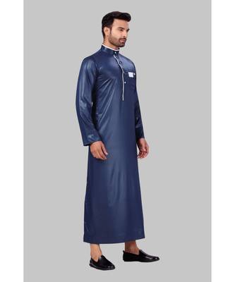 Fine poly and cotton mix Traditional Full Sleeve Chinese Collar Solid Stitched Thobe For Mens 4
