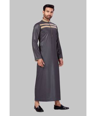 Fine poly and cotton mix Traditional Full Sleeve Chinese Collar Solid Stitched Thobe For Mens 4