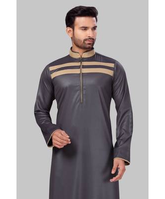 Fine poly and cotton mix Traditional Full Sleeve Chinese Collar Solid Stitched Thobe For Mens 5