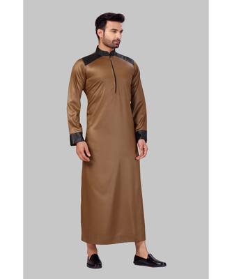 Fine poly and cotton mix Traditional Full Sleeve Chinese Collar Solid Stitched Thobe For Mens 4
