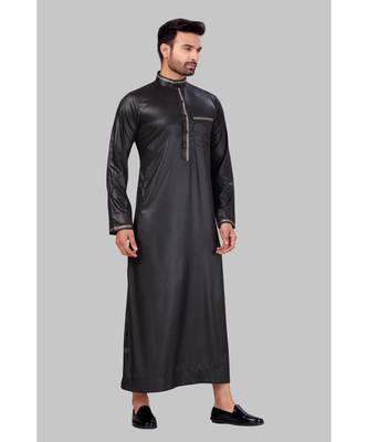 Fine poly and cotton mix Traditional Full Sleeve Chinese Collar Solid Stitched Thobe For Mens 4