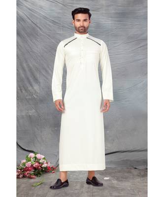 Fine poly and cotton mix Traditional Full Sleeve Chinese Collar Solid Stitched Thobe For Mens 1