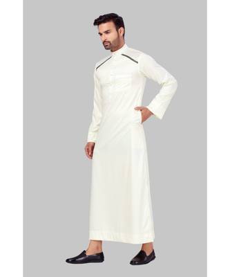 Fine poly and cotton mix Traditional Full Sleeve Chinese Collar Solid Stitched Thobe For Mens 3