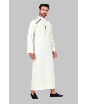 Fine poly and cotton mix Traditional Full Sleeve Chinese Collar Solid Stitched Thobe For Mens 4
