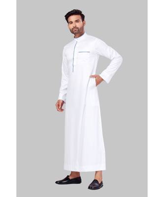 Fine poly and cotton mix Traditional Full Sleeve Chinese Collar Solid Stitched Thobe For Mens 3