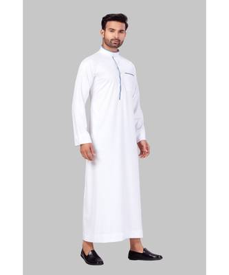 Fine poly and cotton mix Traditional Full Sleeve Chinese Collar Solid Stitched Thobe For Mens 4