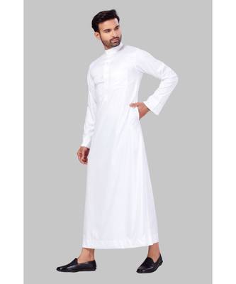 Fine poly and cotton mix Traditional Full Sleeve Chinese Collar Solid Stitched Thobe For Mens 3