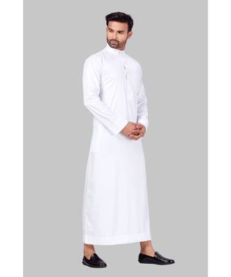 Fine poly and cotton mix Traditional Full Sleeve Chinese Collar Solid Stitched Thobe For Mens 4