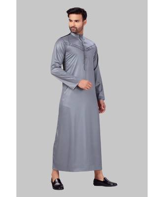 Fine poly and cotton mix Traditional Full Sleeve Chinese Collar Solid Stitched Thobe For Mens 4