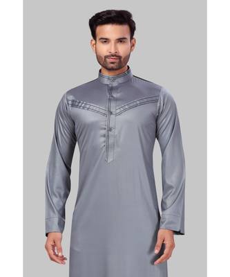 Fine poly and cotton mix Traditional Full Sleeve Chinese Collar Solid Stitched Thobe For Mens 5