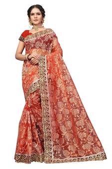 Women's Embroidered Fashion Net Saree  With Blouse Piece