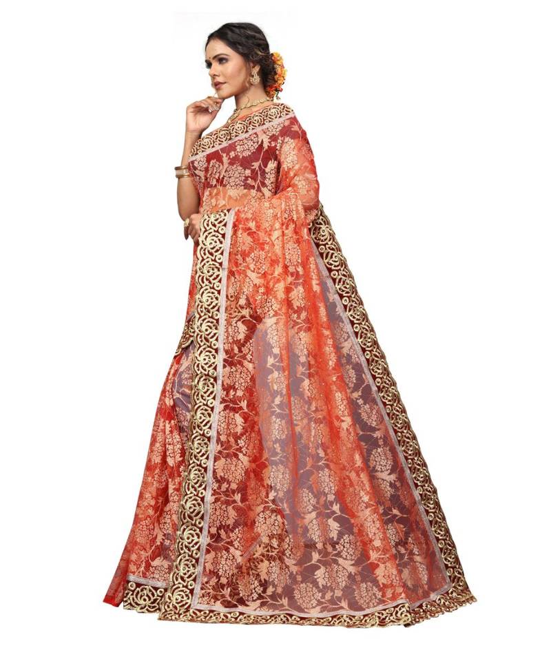 Women's Embroidered Fashion Net Saree  With Blouse Piece