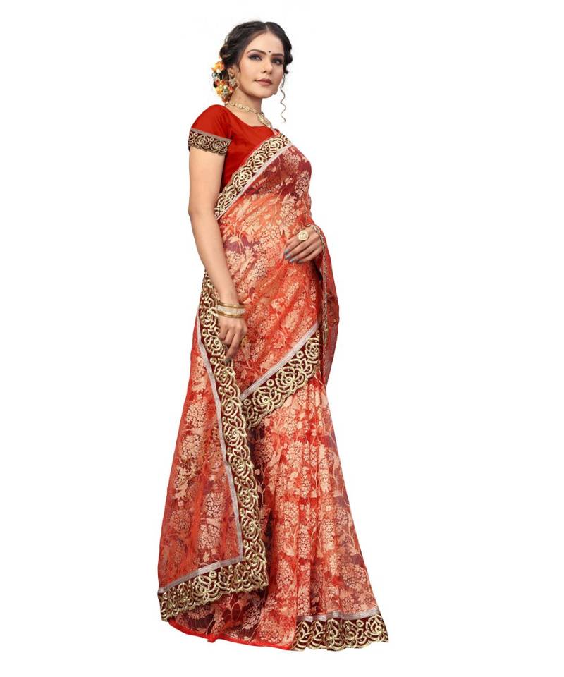 Women's Embroidered Fashion Net Saree  With Blouse Piece