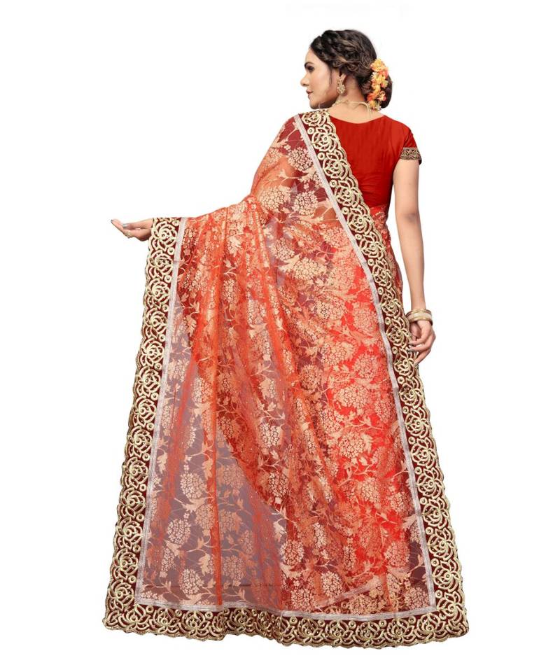 Women's Embroidered Fashion Net Saree  With Blouse Piece