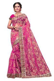 Women's Embroidered Fashion Net Saree  With Blouse Piece