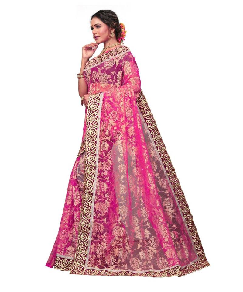 Women's Embroidered Fashion Net Saree  With Blouse Piece