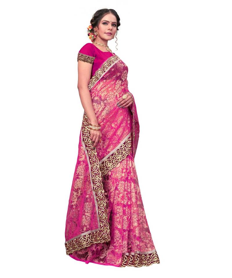 Women's Embroidered Fashion Net Saree  With Blouse Piece