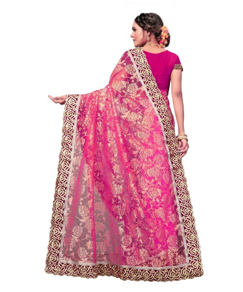 Women's Embroidered Fashion Net Saree  With Blouse Piece